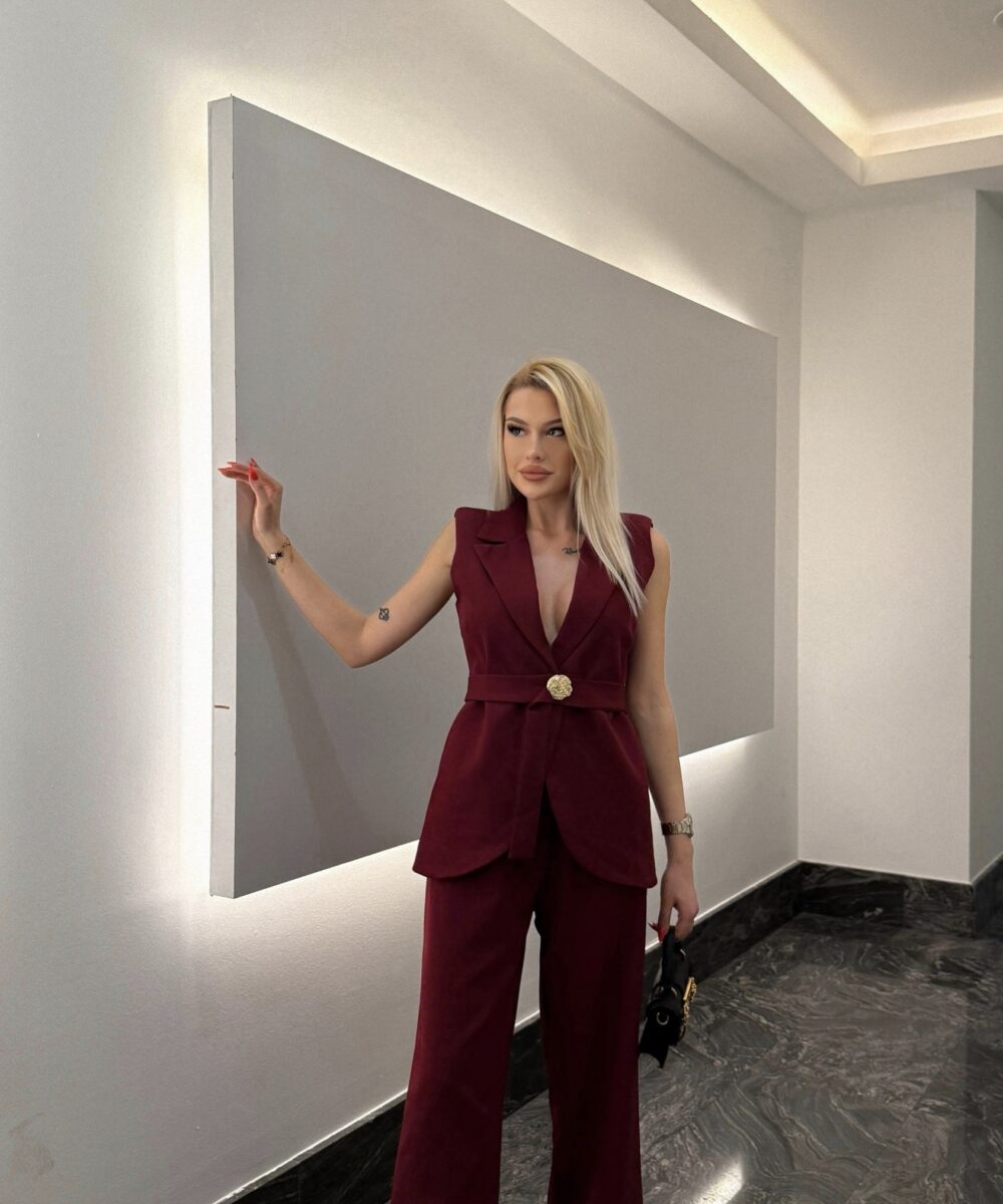 Kuşaklı Yelek Takım-Bordo